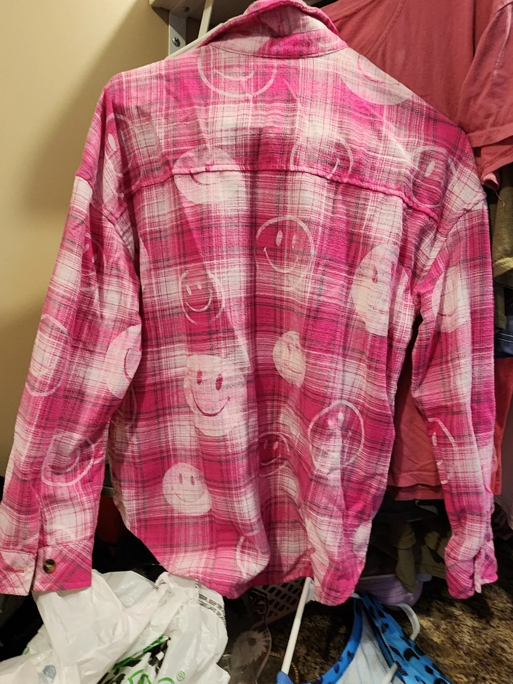 Justice Pink Plaid Button-Up Shirt with Smile Prints
